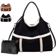 Women Suede Tote with Faux Lamb Wool Lined, Vintage Large Capacity Plush Shoulder Bag, for Work Travel Purse