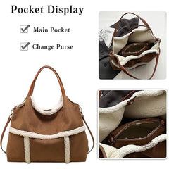 Women Suede Tote with Faux Lamb Wool Lined, Vintage Large Capacity Plush Shoulder Bag, for Work Travel Purse