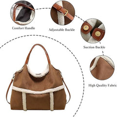 Women Suede Tote with Faux Lamb Wool Lined, Vintage Large Capacity Plush Shoulder Bag, for Work Travel Purse
