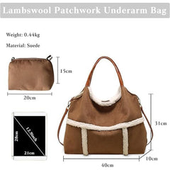 Women Suede Tote with Faux Lamb Wool Lined, Vintage Large Capacity Plush Shoulder Bag, for Work Travel Purse