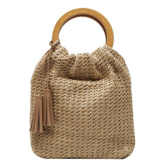 Women's Fashion Straw Woven Round Bag with Wooden Handle, Shoulder Beach Tote, Casual Handbag
