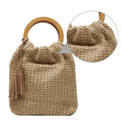 Women's Fashion Straw Woven Round Bag with Wooden Handle, Shoulder Beach Tote, Casual Handbag