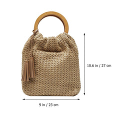 Women's Fashion Straw Woven Round Bag with Wooden Handle, Shoulder Beach Tote, Casual Handbag