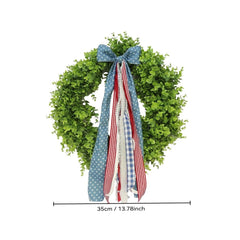 13.7" Boxwood Wreath with Bow - Patriotic Wreath With Red Blue White Star Stripe Ribbon, Artificial Green Eucalyptus Ribbons Patriotic Wall Hanging Summer Wreath