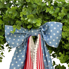 13.7" Boxwood Wreath with Bow - Patriotic Wreath With Red Blue White Star Stripe Ribbon, Artificial Green Eucalyptus Ribbons Patriotic Wall Hanging Summer Wreath