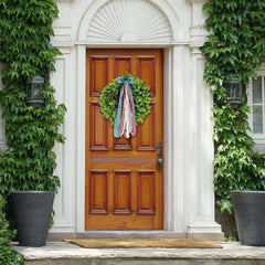 13.7" Boxwood Wreath with Bow - Patriotic Wreath With Red Blue White Star Stripe Ribbon, Artificial Green Eucalyptus Ribbons Patriotic Wall Hanging Summer Wreath