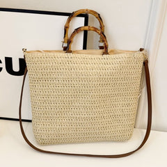Women Straw Woven Handbag with Bamboo Handle Tote Clutch Bags for Seaside(Beige) Shoulder Bags for Women