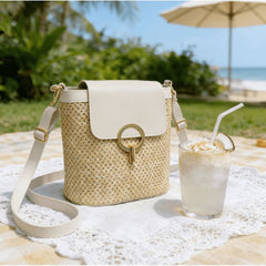 Bucket Bags for Women,Vintage Beach Tote Bag,Wicker Summer Bag,White