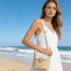 Bucket Bags for Women,Vintage Beach Tote Bag,Wicker Summer Bag,White