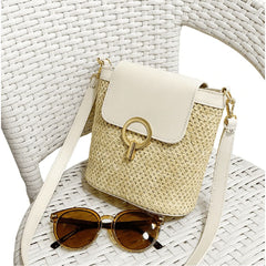 Bucket Bags for Women,Vintage Beach Tote Bag,Wicker Summer Bag,White