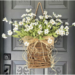 Basket Wreath with Bow Spring Porch Decor, Faux Hydrangea Wildflower Door Hanging, Year Round Welcome Sign for Home Entryway Wedding Easter Gift