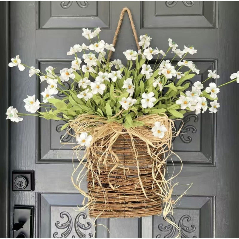 Basket Wreath with Bow Spring Porch Decor, Faux Hydrangea Wildflower Door Hanging, Year Round Welcome Sign for Home Entryway Wedding Easter Gift