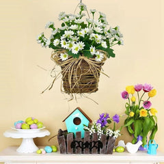 Basket Wreath with Bow Spring Porch Decor, Faux Hydrangea Wildflower Door Hanging, Year Round Welcome Sign for Home Entryway Wedding Easter Gift