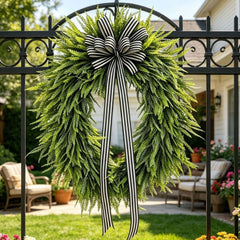Artificial Fern Wreath with Striped Bow, Farmhouse Front Door Decor for Porch and Window, Botanical Wall Hanging for Spring and Summer, 14 inch