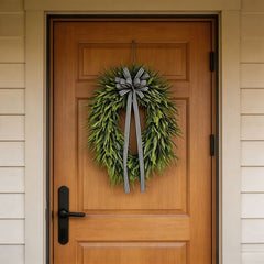 Artificial Fern Wreath with Striped Bow, Farmhouse Front Door Decor for Porch and Window, Botanical Wall Hanging for Spring and Summer, 14 inch
