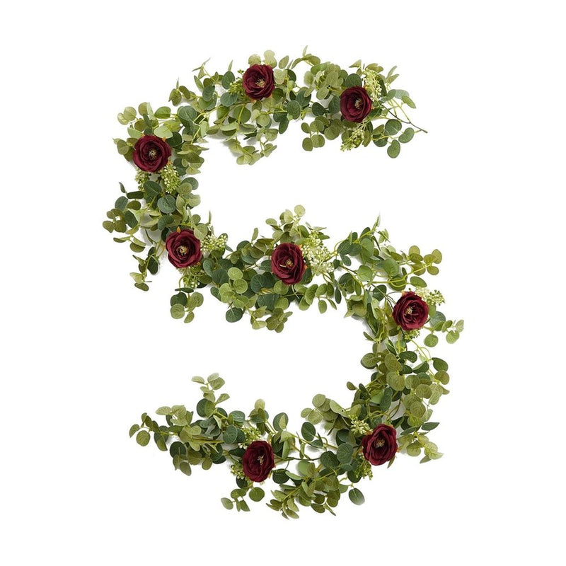 6FT Artificial Eucalyptus Garland with Burgundy Roses Faux Greenery Garland Rose Vine for Christmas Wedding Backdrop Table Runner DIY Wreath Wall Decor
