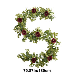 6FT Artificial Eucalyptus Garland with Burgundy Roses Faux Greenery Garland Rose Vine for Christmas Wedding Backdrop Table Runner DIY Wreath Wall Decor