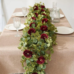 6FT Artificial Eucalyptus Garland with Burgundy Roses Faux Greenery Garland Rose Vine for Christmas Wedding Backdrop Table Runner DIY Wreath Wall Decor