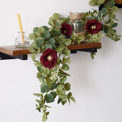 6FT Artificial Eucalyptus Garland with Burgundy Roses Faux Greenery Garland Rose Vine for Christmas Wedding Backdrop Table Runner DIY Wreath Wall Decor
