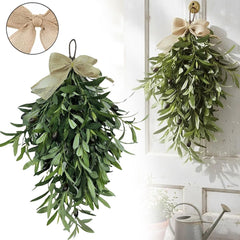 Artificial Olive Teardrop Wreath for Front Door - 24 Inch Faux Greenery Wall Decor with Bow - Farmhouse Olive Branch for Indoor Kitchen Entryway Wedding Arch