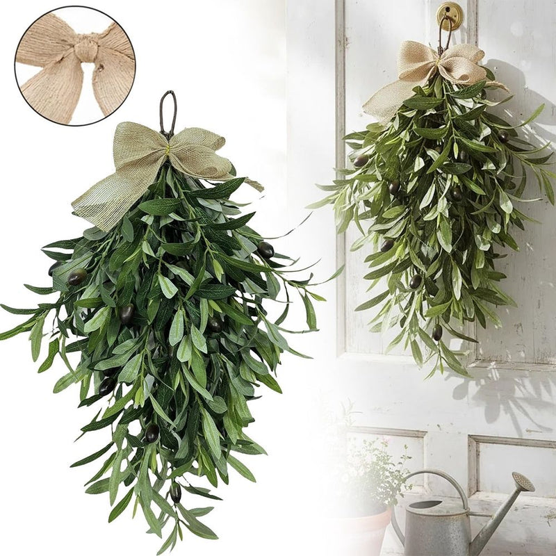 Artificial Olive Teardrop Wreath for Front Door - 24 Inch Faux Greenery Wall Decor with Bow - Farmhouse Olive Branch for Indoor Kitchen Entryway Wedding Arch