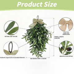 Artificial Olive Teardrop Wreath for Front Door - 24 Inch Faux Greenery Wall Decor with Bow - Farmhouse Olive Branch for Indoor Kitchen Entryway Wedding Arch