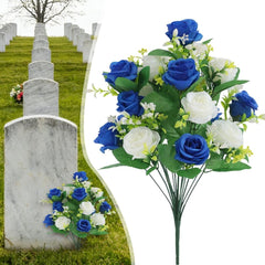 Artificial Cemetery Flowers for Grave Memorial 18 Heads Rose Silk Flower Faux Roses Arrangement for Headstone tombstone Decoration Graves 20 inch,Blue