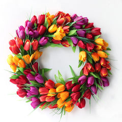 20Inch 3-color flower wreath Tulip Wreath Flower Wreaths for Front Door, Silk Wreath with Green Leaves for Window Wall Wedding