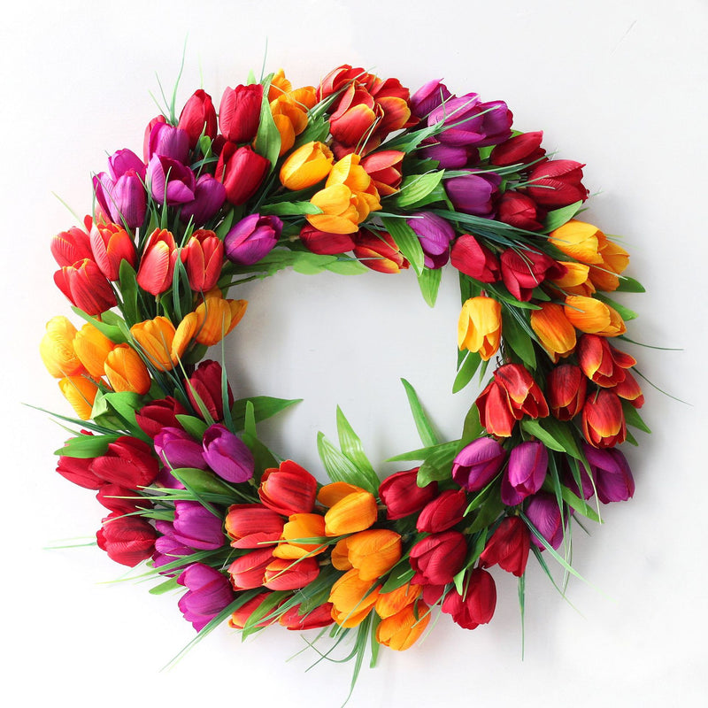 20Inch 3-color flower wreath Tulip Wreath Flower Wreaths for Front Door, Silk Wreath with Green Leaves for Window Wall Wedding