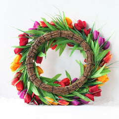 20Inch 3-color flower wreath Tulip Wreath Flower Wreaths for Front Door, Silk Wreath with Green Leaves for Window Wall Wedding
