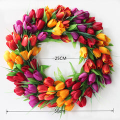 20Inch 3-color flower wreath Tulip Wreath Flower Wreaths for Front Door, Silk Wreath with Green Leaves for Window Wall Wedding