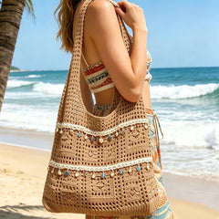 【Boho Crochet Beach Bag】Shell tassel accents, large capacity polyester shoulder & crossbody, solid color no print, perfect for beach vacation & commuting.*khaki