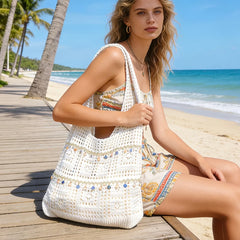 【Boho Crochet Beach Bag】Shell tassel accents, large capacity polyester shoulder & crossbody, solid color no print, perfect for beach vacation & commuting.*khaki