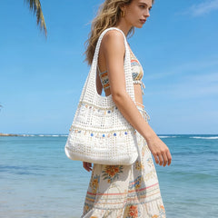 【Boho Crochet Beach Bag】Shell tassel accents, large capacity polyester shoulder & crossbody, solid color no print, perfect for beach vacation & commuting.*khaki