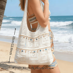 【Boho Crochet Beach Bag】Shell tassel accents, large capacity polyester shoulder & crossbody, solid color no print, perfect for beach vacation & commuting.*creamy white