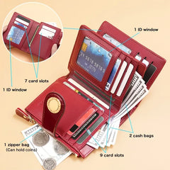 【Patent Leather Short Wallet】Cow split leather with circle embossing, RFID blocking, 18 card slots + 2 bill compartments + zippered coin pocket, large capacity & multi-functional. *Black