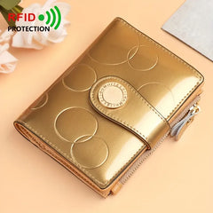 【Patent Leather Short Wallet】Cow split leather with circle embossing, RFID blocking, 18 card slots + 2 bill compartments + zippered coin pocket, large capacity & multi-functional. *Black