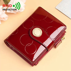 【Patent Leather Short Wallet】Cow split leather with circle embossing, RFID blocking, 18 card slots + 2 bill compartments + zippered coin pocket, large capacity & multi-functional. *wine red