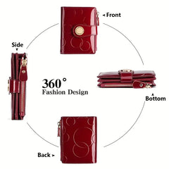 【Patent Leather Short Wallet】Cow split leather with circle embossing, RFID blocking, 18 card slots + 2 bill compartments + zippered coin pocket, large capacity & multi-functional. *wine red
