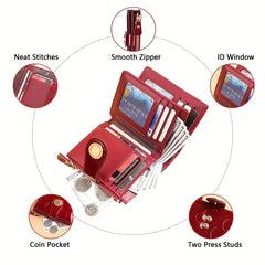 【Patent Leather Short Wallet】Cow split leather with circle embossing, RFID blocking, 18 card slots + 2 bill compartments + zippered coin pocket, large capacity & multi-functional. *wine red