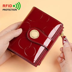【Patent Leather Short Wallet】Cow split leather with circle embossing, RFID blocking, 18 card slots + 2 bill compartments + zippered coin pocket, large capacity & multi-functional. *wine red
