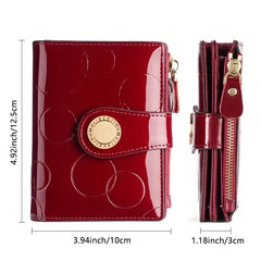 【Patent Leather Short Wallet】Cow split leather with circle embossing, RFID blocking, 18 card slots + 2 bill compartments + zippered coin pocket, large capacity & multi-functional. *Golden