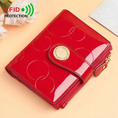 【Patent Leather Short Wallet】Cow split leather with circle embossing, RFID blocking, 18 card slots + 2 bill compartments + zippered coin pocket, large capacity & multi-functional. *Golden