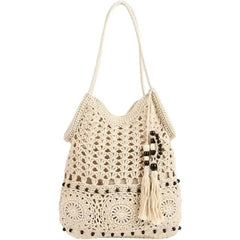 【Boho Crochet Beach Bag】Tassel & bead accents, large capacity shoulder & hand carry, foldable lightweight durable, perfect for beach vacation & commuting.*beige