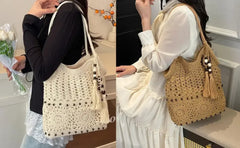 【Boho Crochet Beach Bag】Tassel & bead accents, large capacity shoulder & hand carry, foldable lightweight durable, perfect for beach vacation & commuting.*beige