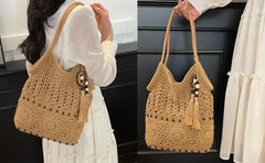 【Boho Crochet Beach Bag】Tassel & bead accents, large capacity shoulder & hand carry, foldable lightweight durable, perfect for beach vacation & commuting.*beige