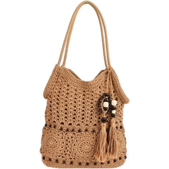 【Boho Crochet Beach Bag】Tassel & bead accents, large capacity shoulder & hand carry, foldable lightweight durable, perfect for beach vacation & commuting.*beige