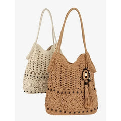【Boho Crochet Beach Bag】Tassel & bead accents, large capacity shoulder & hand carry, foldable lightweight durable, perfect for beach vacation & commuting.*khaki