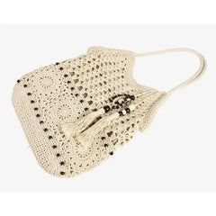 【Boho Crochet Beach Bag】Tassel & bead accents, large capacity shoulder & hand carry, foldable lightweight durable, perfect for beach vacation & commuting.*khaki