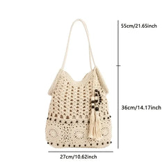 【Boho Crochet Beach Bag】Tassel & bead accents, large capacity shoulder & hand carry, foldable lightweight durable, perfect for beach vacation & commuting.*khaki